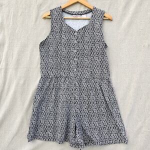Vtg Pennylane Sleeveless Romper Daisey Black White Floral Preppy Beach Size L